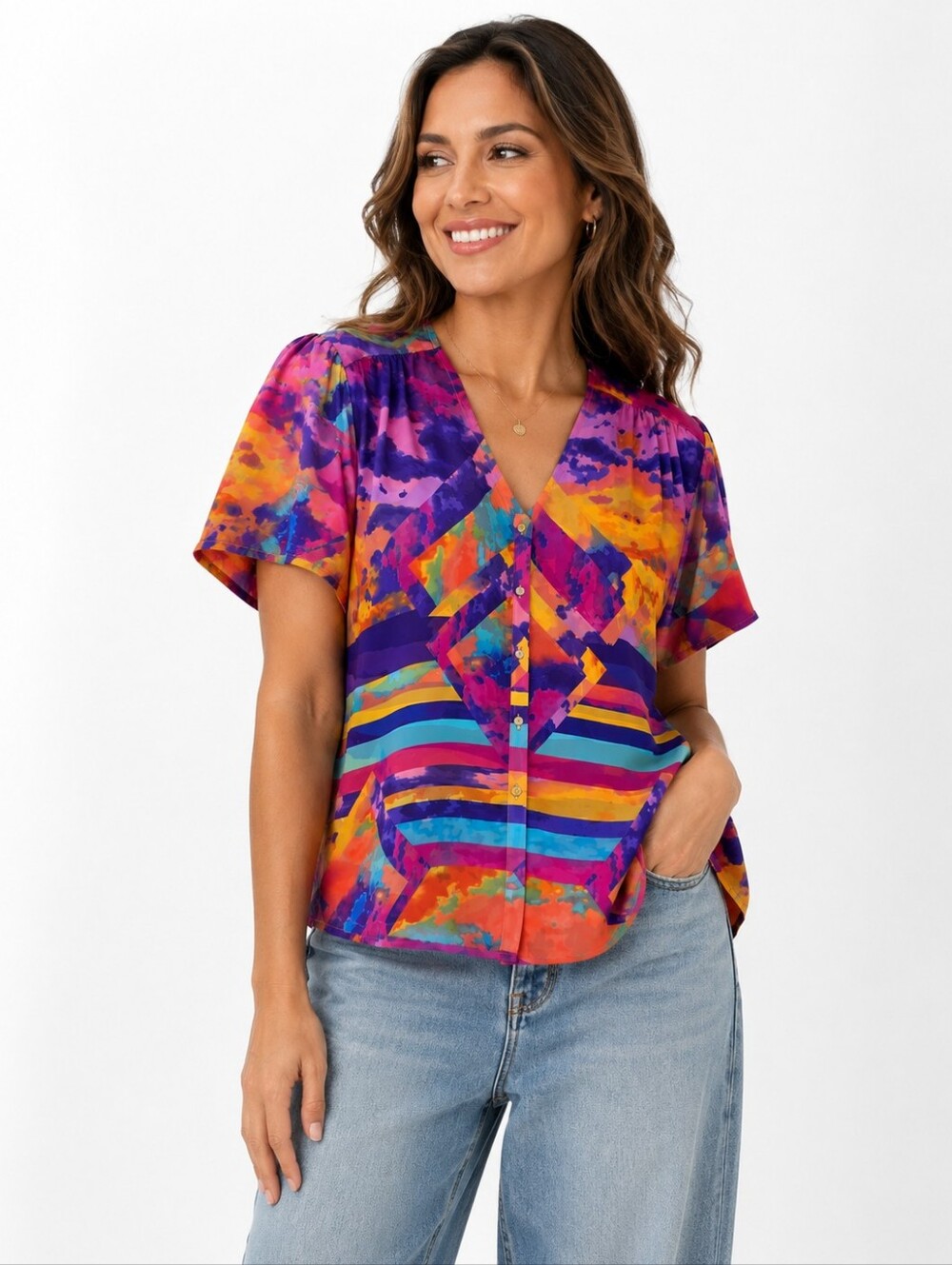 Bebe Large Colorful Abstract Print Blouse Button Front Short Sleeve Y2K Retro